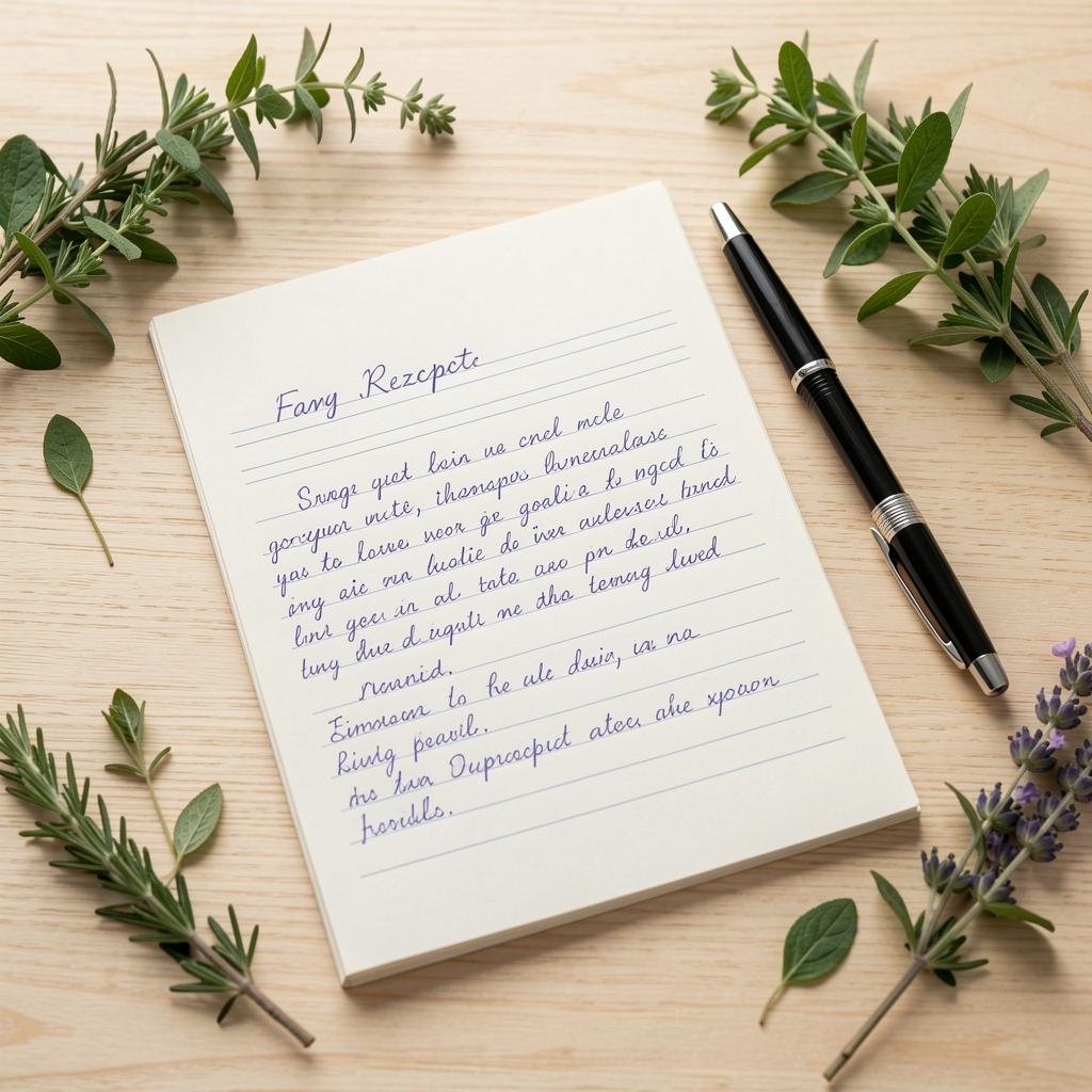 Aufgeschlagenes Notizbuch mit handschriftlichen Rezeptnotizen, Stift und frischen Kräutern auf hellem Holztisch
